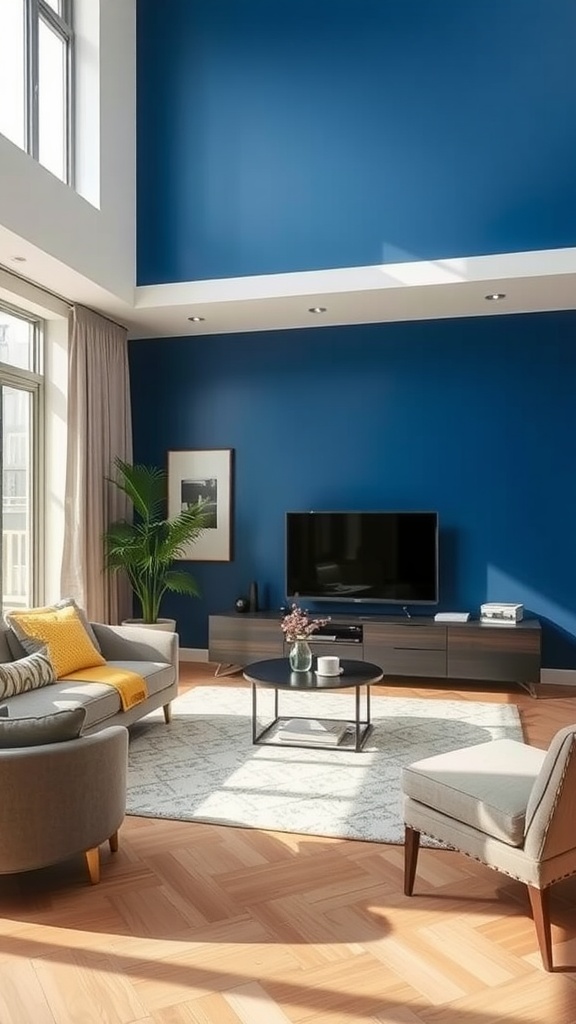 Living room with a bold blue accent wall, neutral furniture, and natural light.