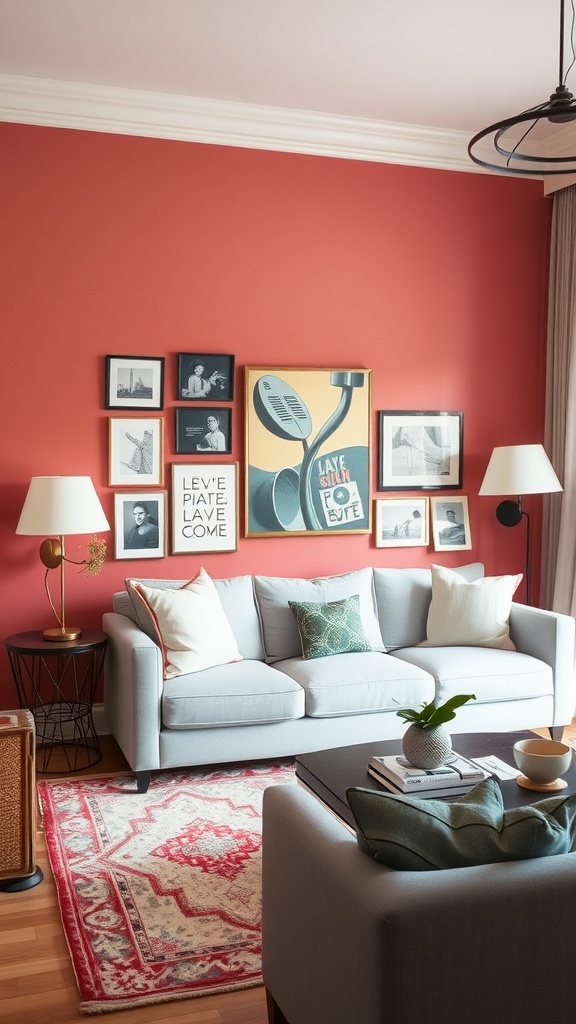 A cozy living room featuring a bright coral accent wall with framed art, a grey sofa, and a decorative rug.