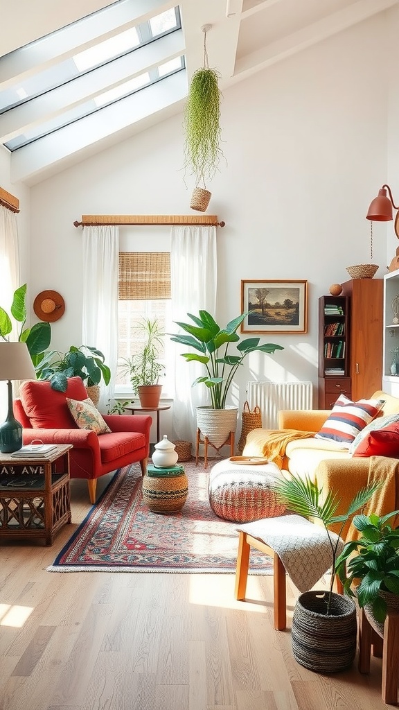 Bright and airy living room with bohemian decor featuring colorful furniture, plants, and natural light.