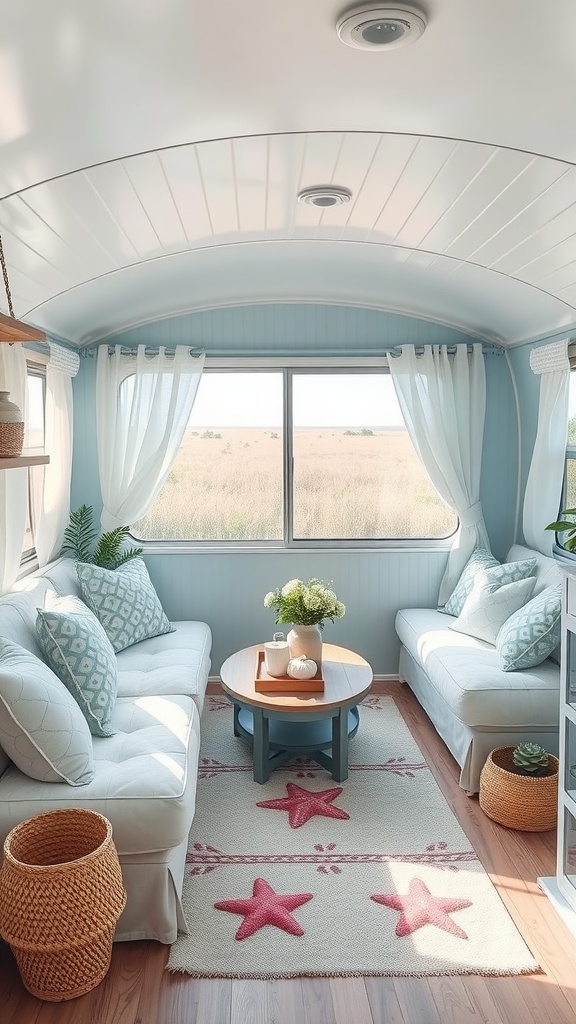 Bright and airy trailer house living room with coastal theme, featuring blue walls, white sofas, and starfish rug.