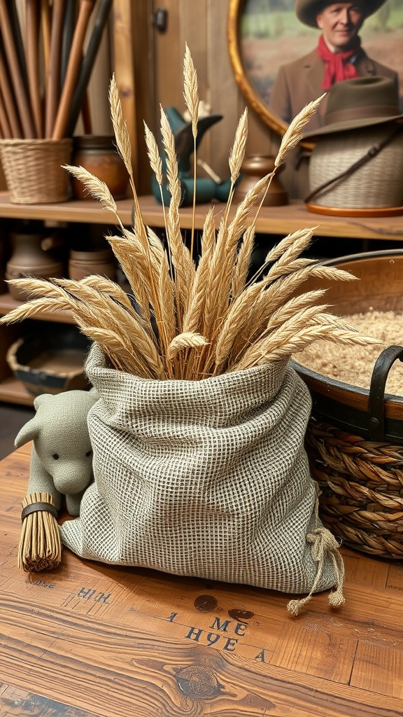 A burlap sack filled with dried grasses sits on a wooden table, with a soft toy and rustic decor in the background.