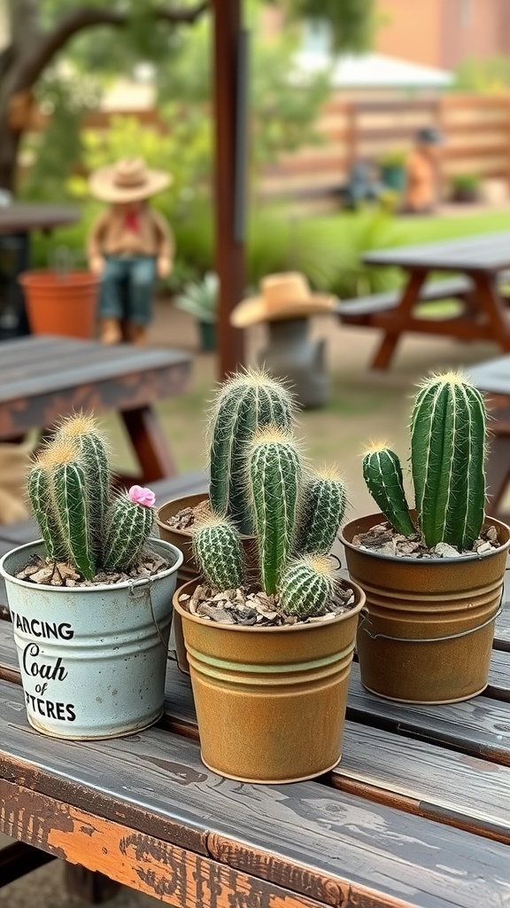 Cactus arrangements in tin buckets on a wooden table