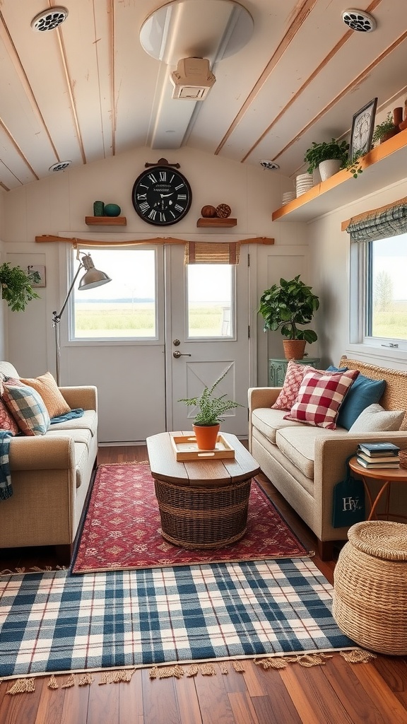 Cozy trailer house living room with farmhouse style, featuring two sofas, a wooden coffee table, and decorative rugs.