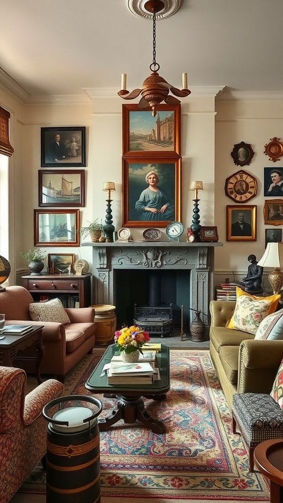 A cozy old English living room filled with various knick-knacks, portraits, and a charming fireplace.