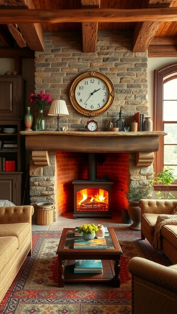 A cozy old English living room with a charming stone fireplace and warm decor.