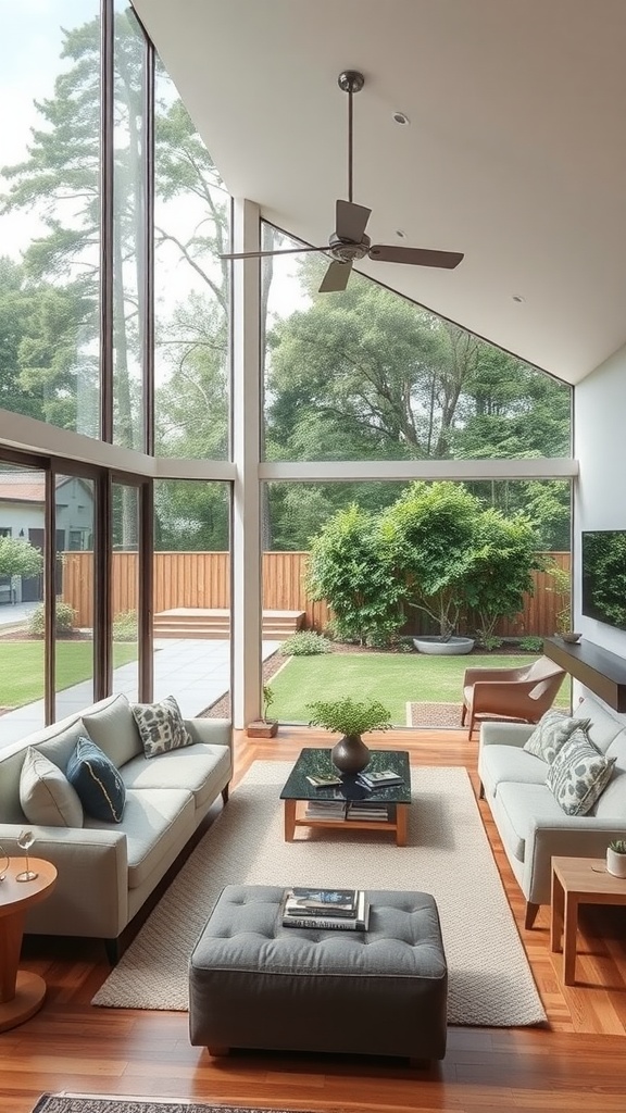 A bright and airy living room with large windows overlooking a garden, featuring comfortable sofas and a stylish coffee table.