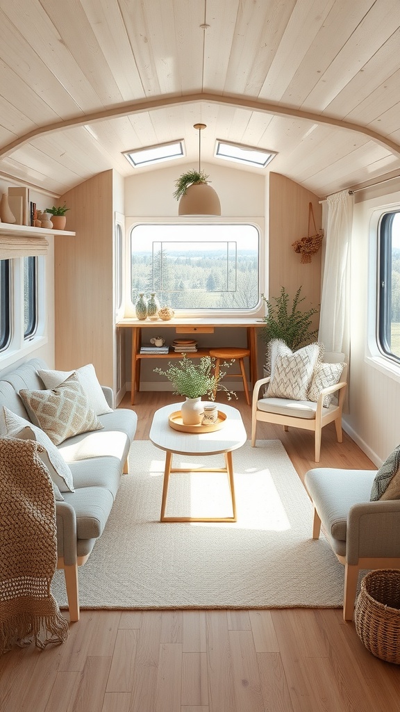 A chic Scandinavian living room in a trailer house featuring light wood tones, large windows, and cozy textiles.