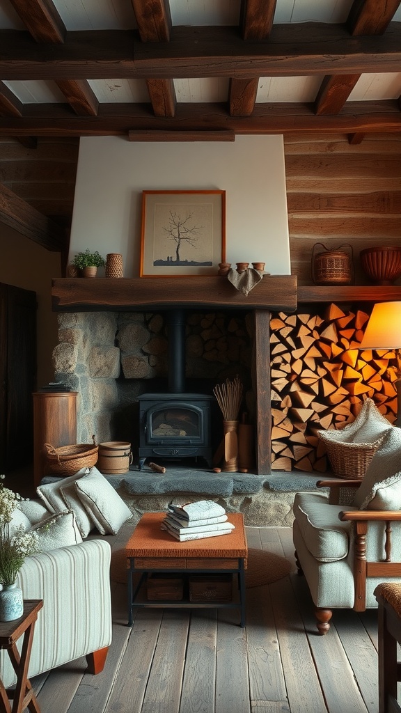 A classic old English living room featuring a stone fireplace and neatly stacked firewood.