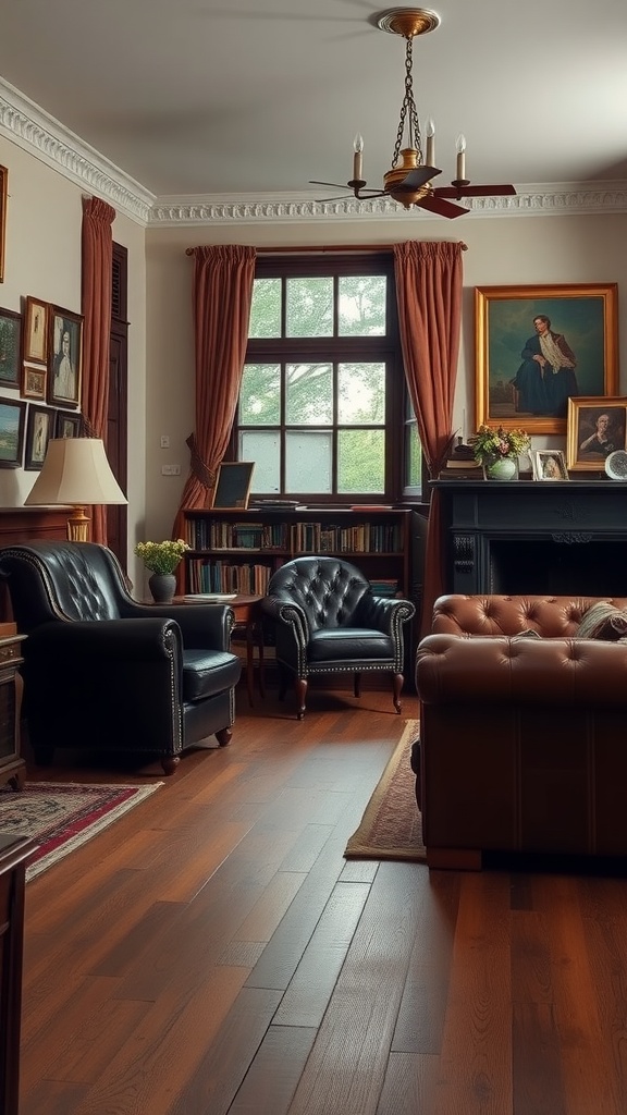 A cozy English living room featuring classic leather upholstery, warm wooden flooring, and vintage decor.