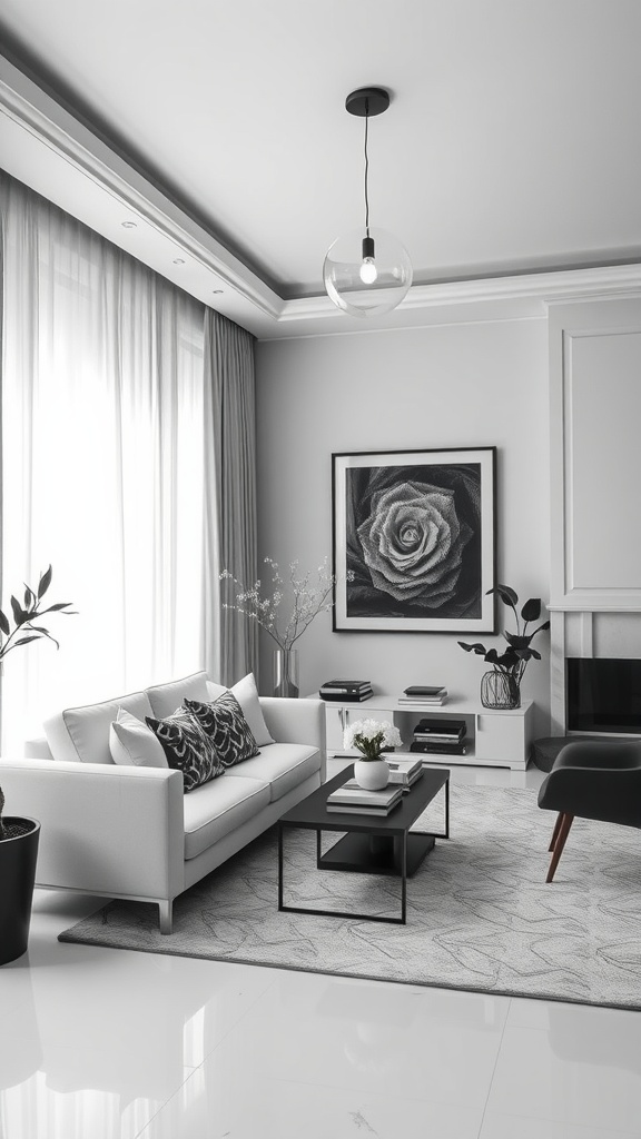 A stylish mobile home living room with a monochrome aesthetic featuring a white sofa, black coffee table, and elegant wall art.