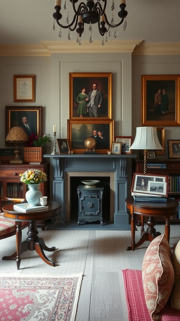 A classic English living room with side tables and a console featuring floral arrangements and framed photographs.