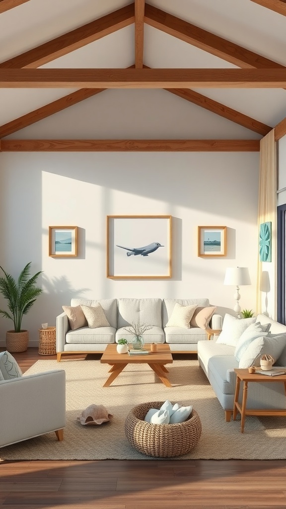 Coastal themed living room with light sofas, wooden accents, and nautical artwork.