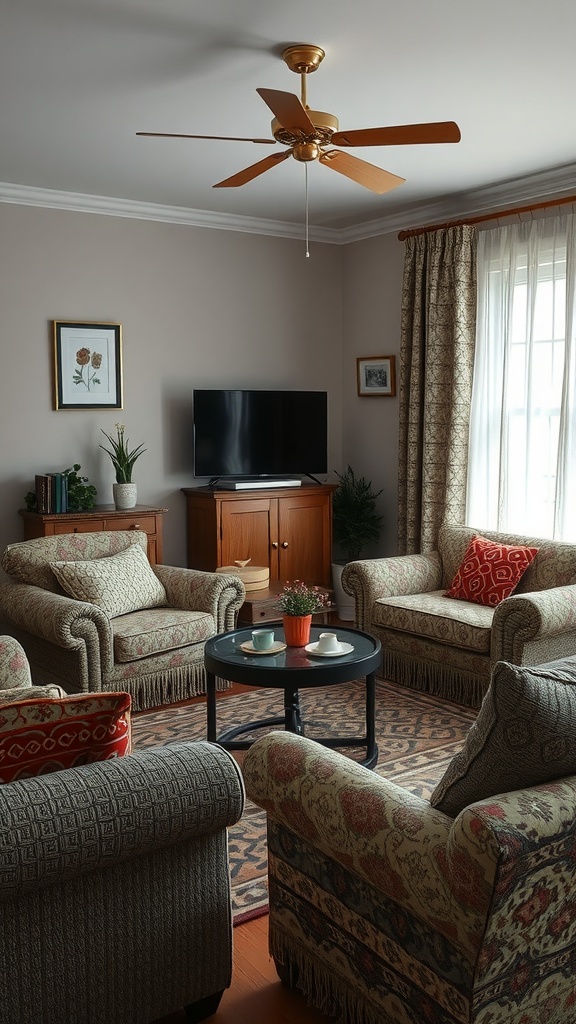 Cozy living room with patterned sofas, cushions, and curtains, featuring a coffee table and television.