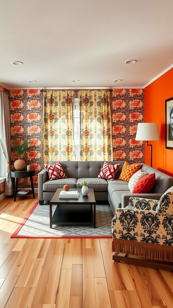 A cozy trailer house living room with colorful accent walls featuring orange paint and patterned wallpaper.