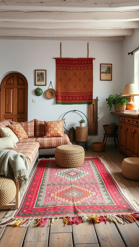 A colorful handwoven rug in a cozy living room setting with rustic decor.