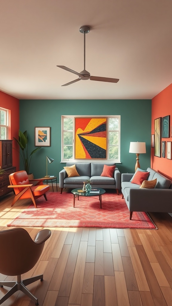 Colorful mid-century modern living room with teal and coral walls, gray sofas, and vibrant artwork