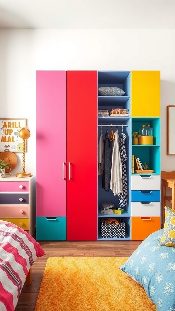 Colorful modular wardrobe design in a bedroom