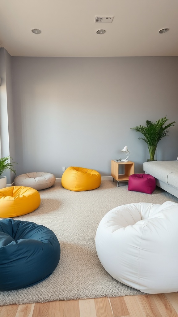 Colorful bean bags arranged on a soft rug in a relaxed living space.