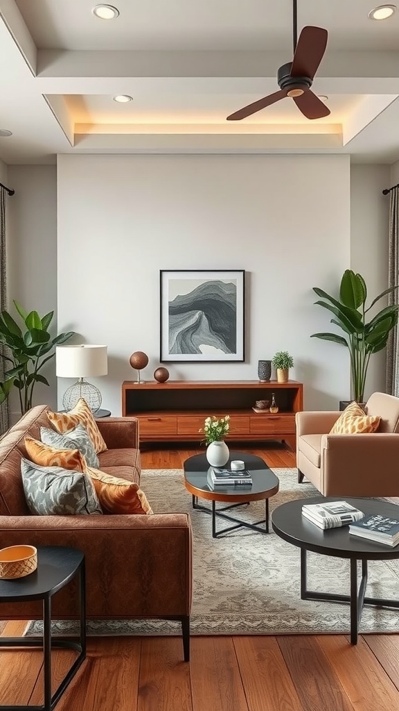 A stylish and comfortable living room with a brown sofa, light armchair, and modern coffee tables.