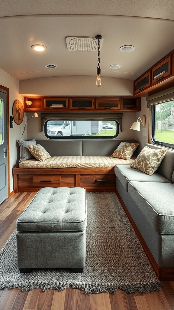 A cozy trailer house living room featuring multi-functional furniture, including a built-in bench with storage and a versatile ottoman.