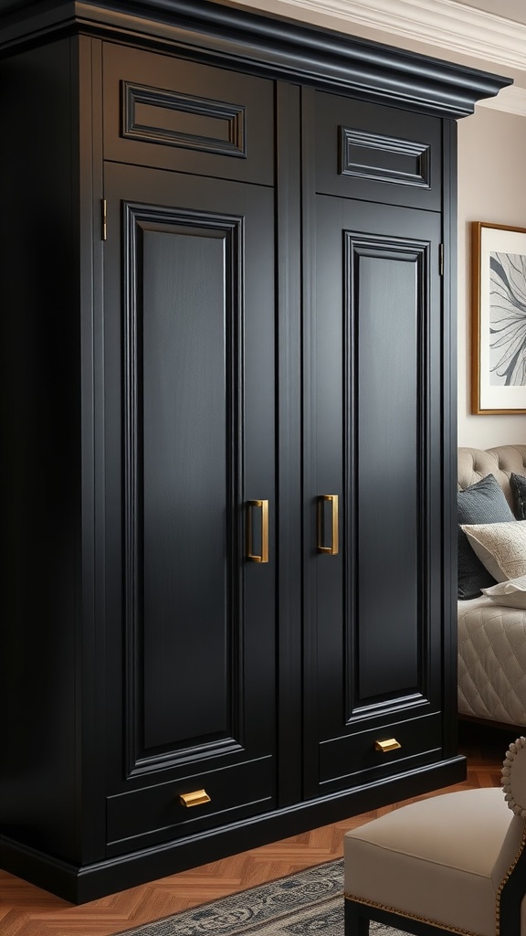 A contemporary black wardrobe with gold accents, featuring clean lines and ample storage space.