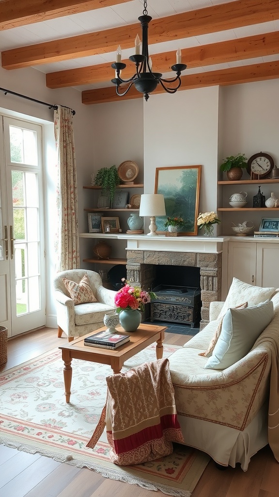 A cozy cottage-inspired living room with wooden beams, floral decor, and a fireplace.