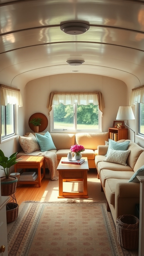 A cozy trailer living room with soft sofas, natural light, and rustic decor.