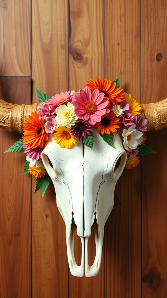 A cow skull decorated with colorful flowers against a wooden background.