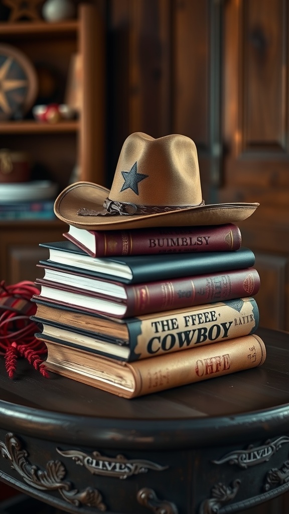 A cowboy hat rests on a stack of books with cowboy-themed titles, creating a rustic centerpiece.