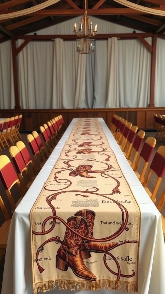 A long table set with a cowboy themed table runner featuring cowboy boots and lassos