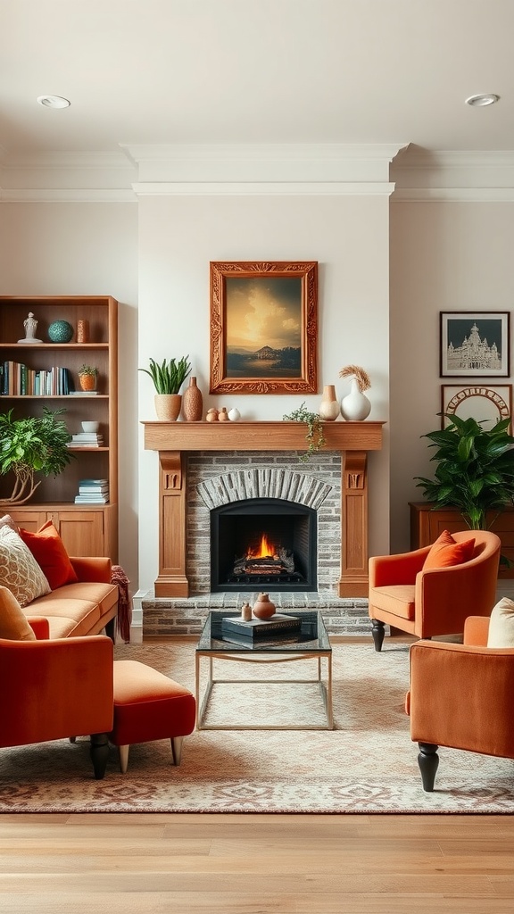 A cozy living room featuring a fireplace as the focal point, surrounded by comfortable orange chairs and elegant decor.