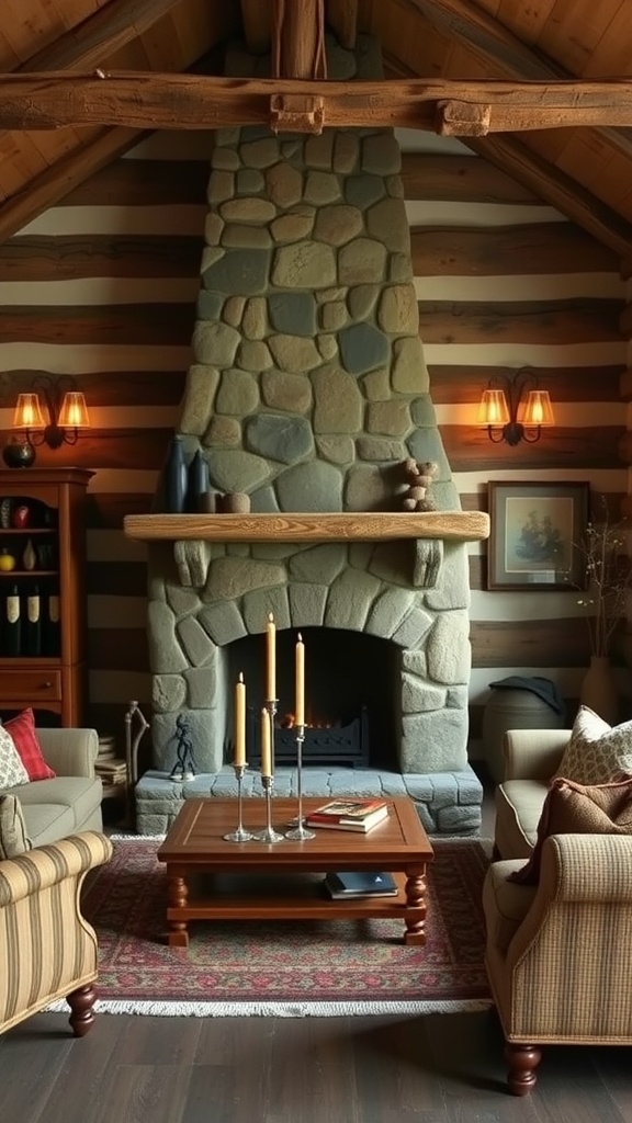 Cozy living room with a stone fireplace and comfortable seating