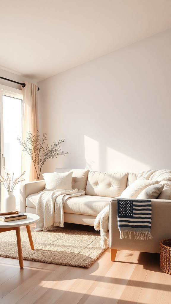 A cozy minimalist living room with a beige sofa, natural light, and simple decor.