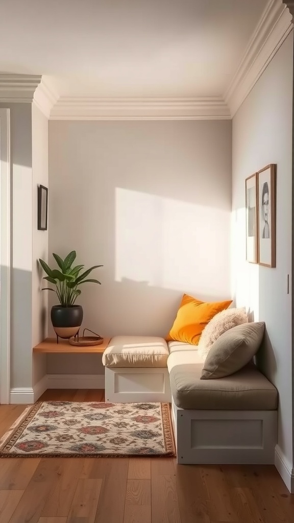 Cozy nook with seating, featuring soft cushions, a plant, and warm natural light.