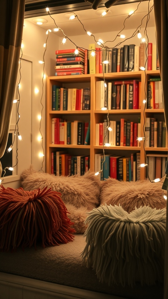 A cozy reading nook with fairy lights, fluffy pillows, and a bookshelf filled with books.