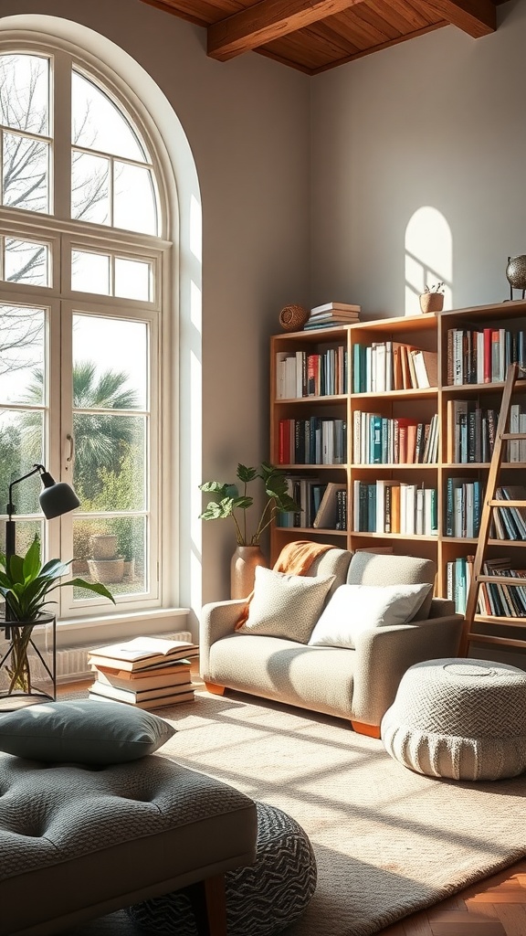 Cozy reading nook with natural light, featuring a sofa, pouf, bookshelves, and large windows.