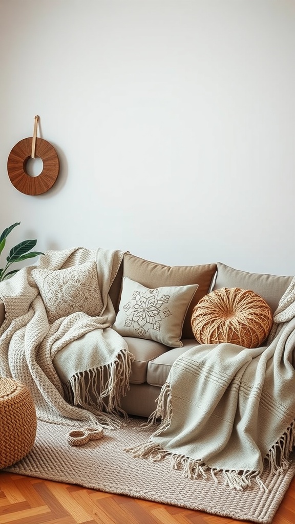 A cozy living room with a light-colored sofa adorned with throw blankets and decorative pillows, complemented by a woven pouf and a plant.