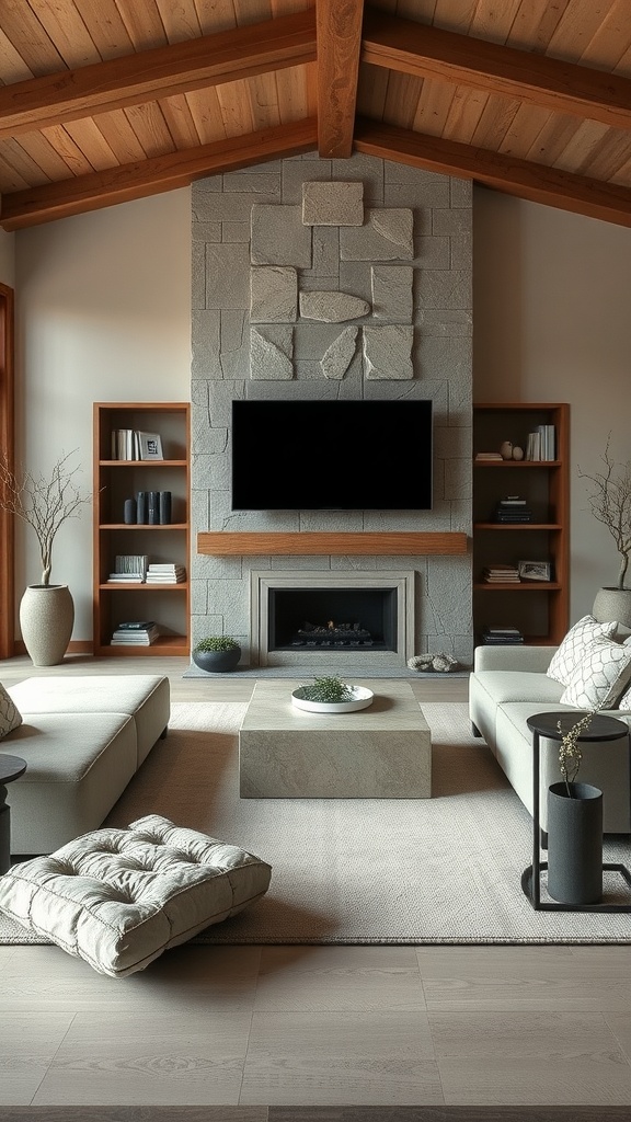 A modern living room featuring a crafted stone accent wall, minimalist furniture, and a cozy atmosphere.