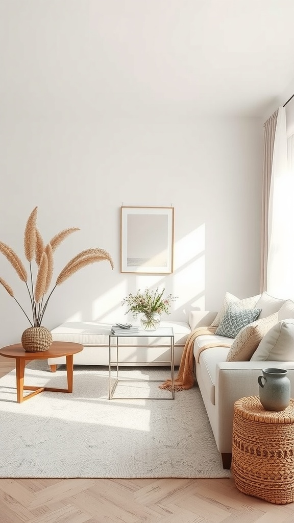 A serene living room featuring a white sofa, wooden coffee table, and decorative elements like pampas grass and flowers.