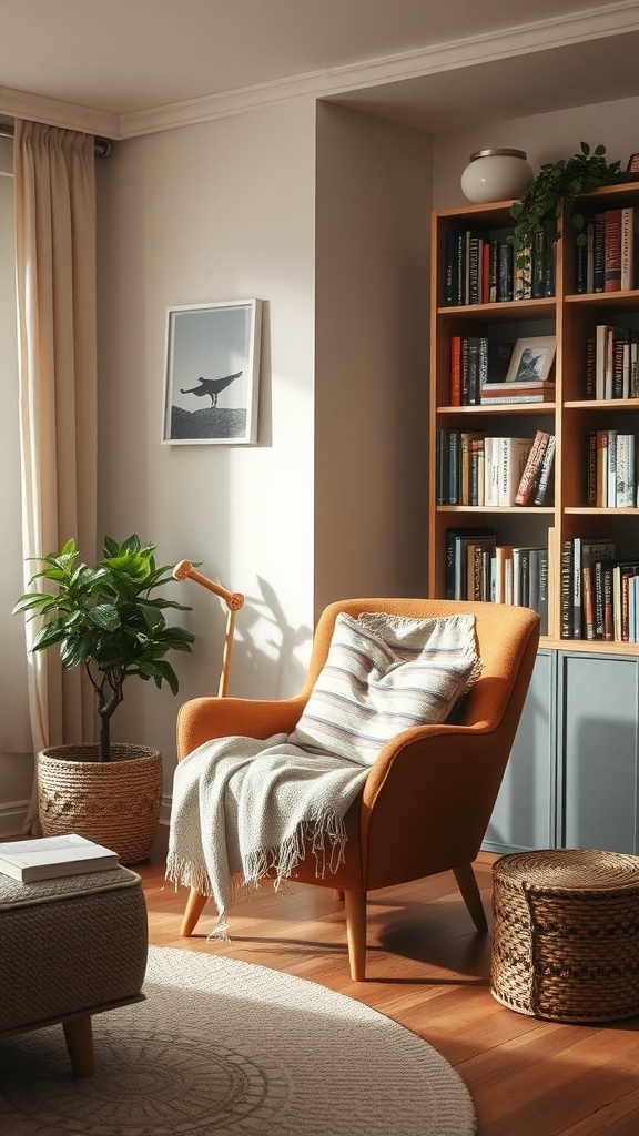 A cozy reading nook featuring an orange chair, blanket, plant, and bookshelves.