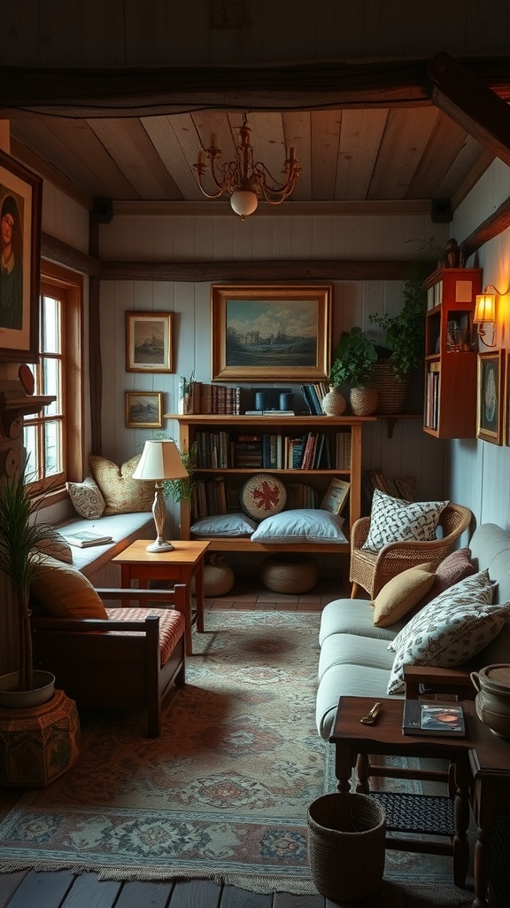 Cozy living room with comfortable seating, warm lighting, and natural elements.