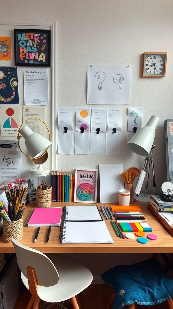 A stylish and organized desk setup featuring colorful stationery, motivational art, and good lighting.