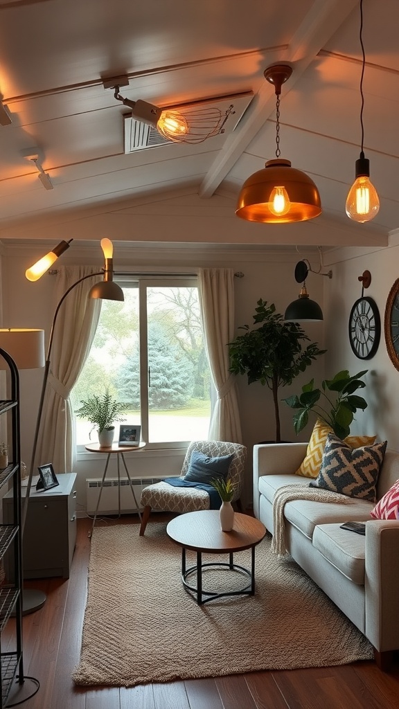 Cozy trailer house living room with creative lighting solutions, featuring pendant lights and a floor lamp.