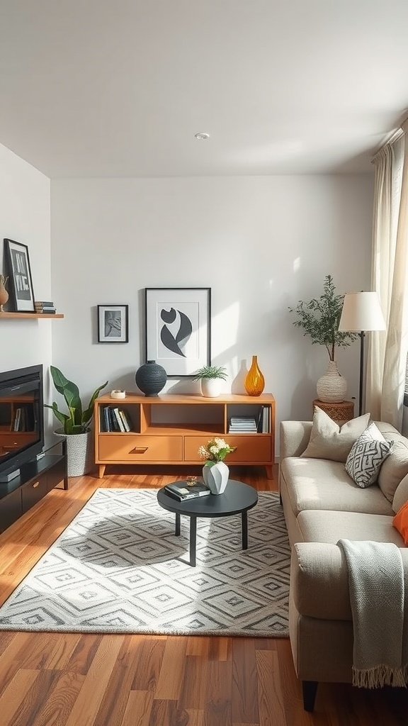 Cozy primitive living room with a sofa, coffee table, and natural light