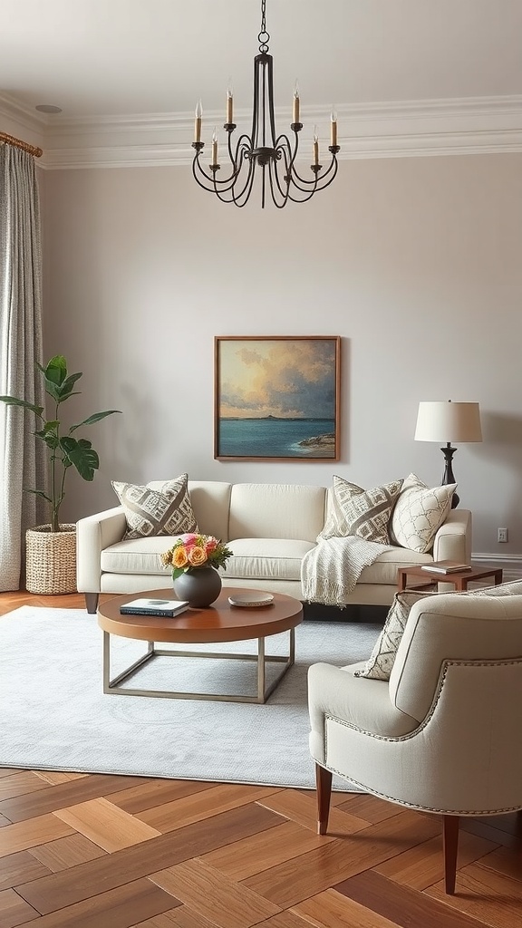 A stylish living room featuring a light-colored sofa with patterned cushions, a round coffee table, and elegant decor.