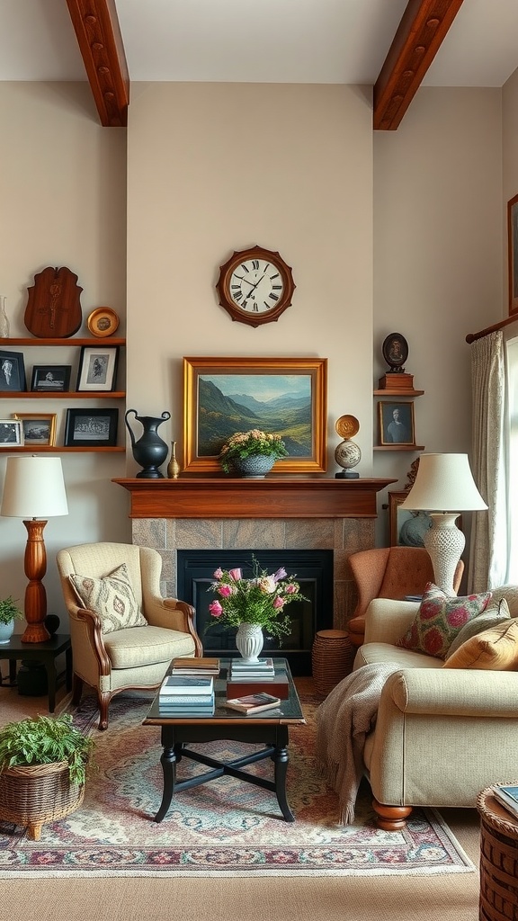 A cozy living room with family heirlooms displayed, featuring a fireplace, framed photos, and comfortable seating.