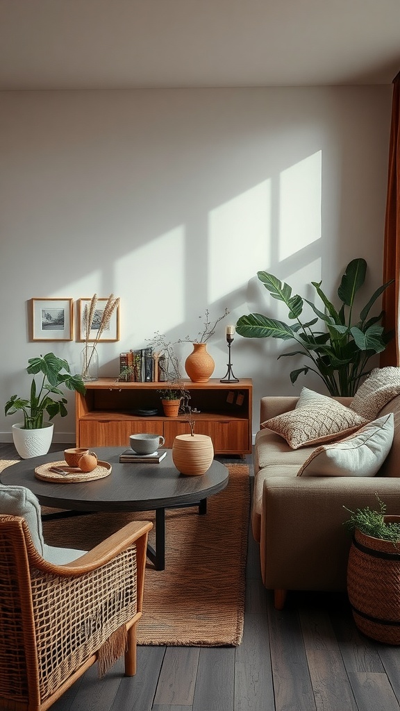 A cozy living room featuring an earthy color palette with plants, wooden furniture, and soft textiles.