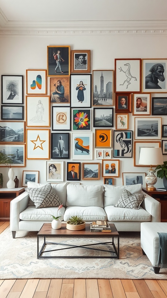 A living room featuring a gallery wall with various artworks and a cozy seating arrangement.