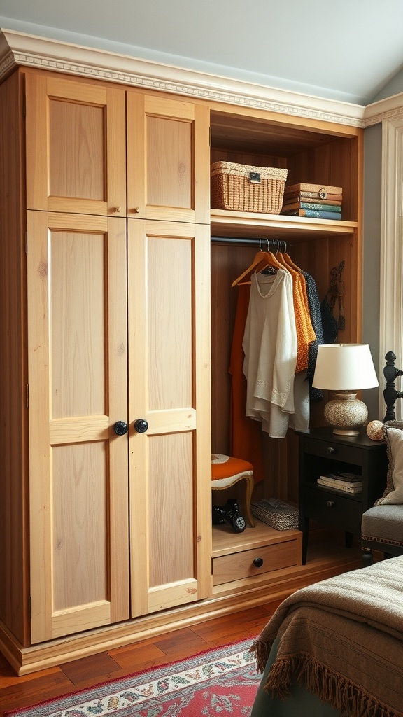 A wooden wardrobe with unique black knobs, showcasing an eclectic style.