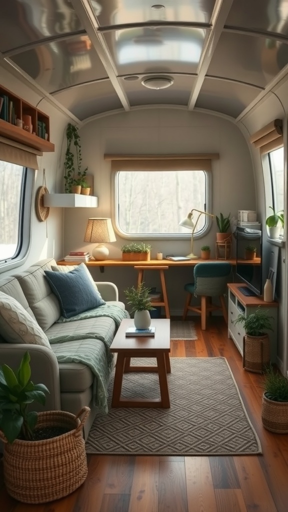 A cozy trailer house living room featuring eco-friendly decor elements such as plants, natural materials, and soft textiles.